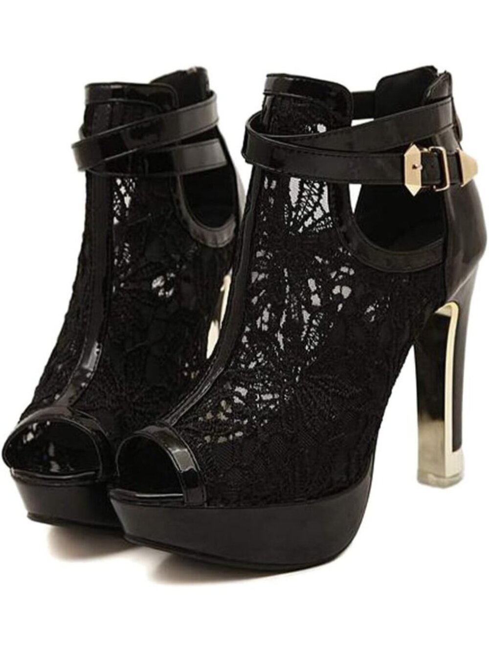 Women's Black Rubber Pretty Lace Flowers Open Toes High Heels Ankle Boots